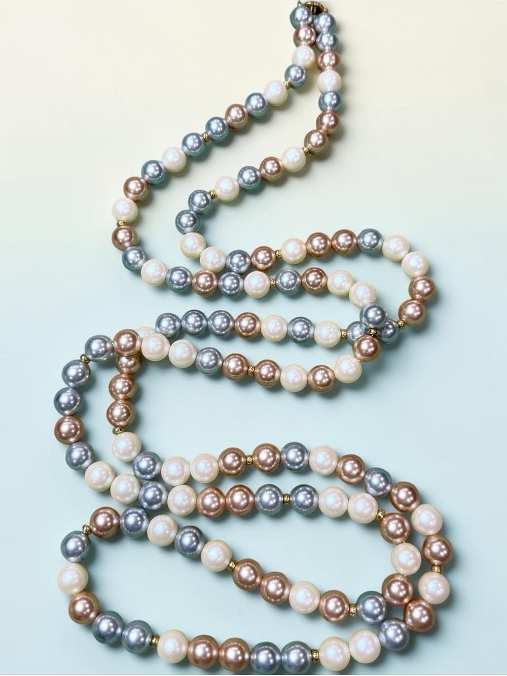 Vintage Monet 60” Tri-Color Faux Pearl cream silver rose gold Long For Layering